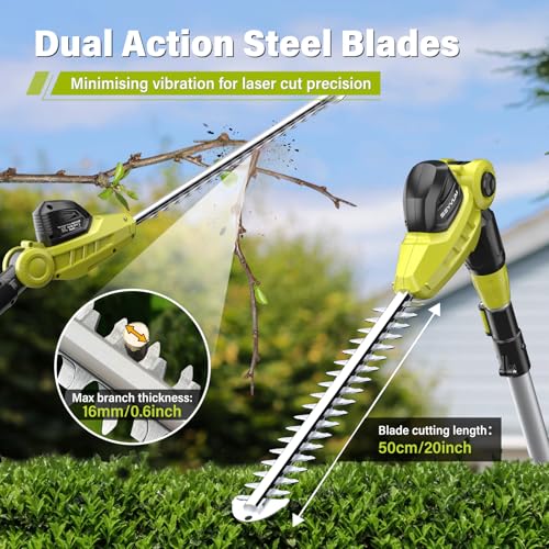 SEYVUM 20V Cordless Pole Hedge Trimmer, Bush & Shrub Cutter, 20-Inch Blade