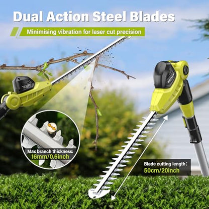 SEYVUM 20V Cordless Pole Hedge Trimmer, Bush & Shrub Cutter, 20-Inch Blade