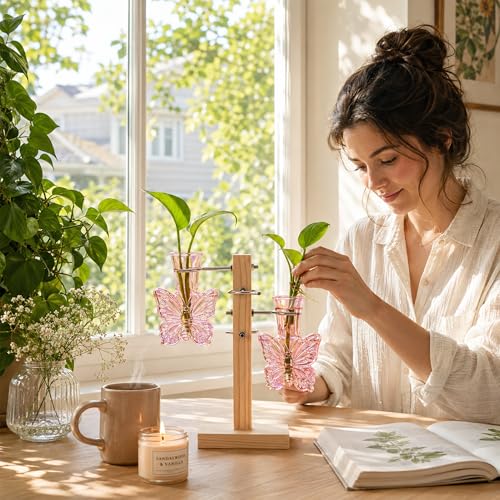 Nacome Plant Terrarium Propagation Stations: Pink Vase with Wooden Stand - color: Pink