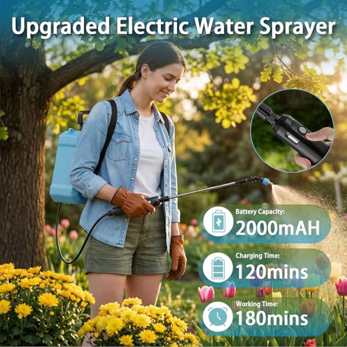 2.4 Gallon Battery Powered Sprayer, 9L Electric Pump Sprayer for Large Lawn & Yard, 2-Speed & 5 Spray Modes with 3 Nozzles, Telescopic Wand, Battery Indicator, Shoulder Strap - color: Blue/2.4 Gallon