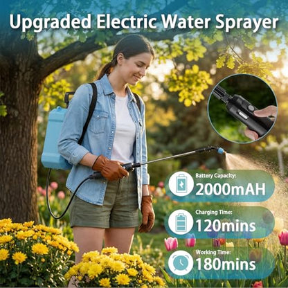 2.4 Gallon Battery Powered Sprayer, 9L Electric Pump Sprayer for Large Lawn & Yard, 2-Speed & 5 Spray Modes with 3 Nozzles, Telescopic Wand, Battery Indicator, Shoulder Strap - color: Blue/2.4 Gallon