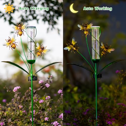 Solar Rain Gauge with 7-Inch Plastic Tube, Bee Decor - color: Yellow Bee