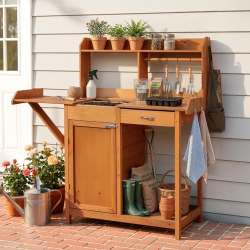OOOK Potting Bench, Nordic Scots Pine Potting Table with Storage