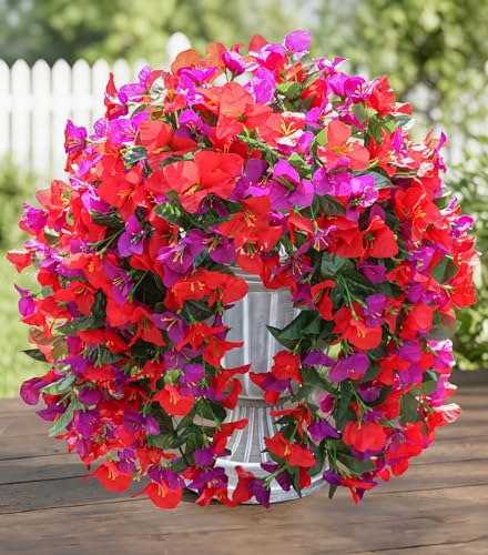 2 PCS Bougainvillea Artificial Hanging Flowers Plants for Outdoors, Mix - color: Purple + Red