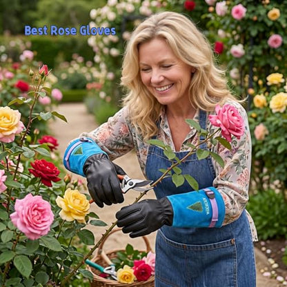 Cow Leather Adjustable Thorn Proof Gardening Gloves - color: Blue-cypress, size: Medium