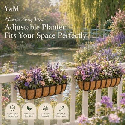 Y&M 2pcs 24 Inch Window Deck with Coco Liner, 24" Window Boxes Horse Trough with Coconut Coir Liner, Black Metal Hanging Flower Planter Window Basket Deck Railing Planter Boxes for Outdoor Indoor - size: 2p 24in