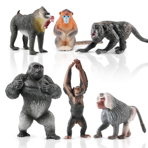 Toymany 6PCS Primates Figurines, Plastic Jungle Monkey Animals Set Included Monkey Ape Chimpanzee Gorilla Toys for Kid Todllers - style: Animal Toy-Monkey