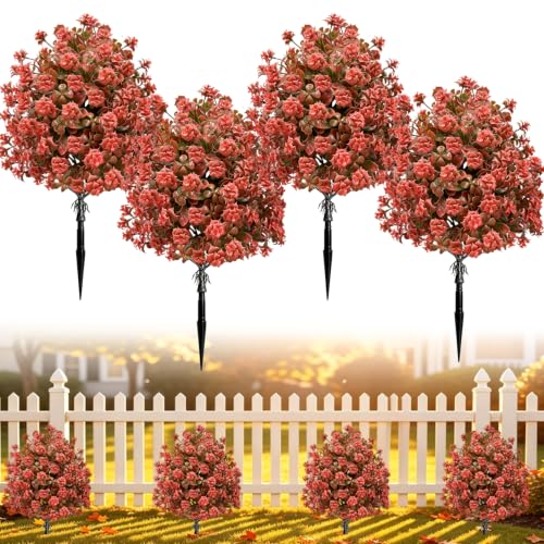 4Pack Artificial Fall Mums Topiary Balls Tree with Stakes,UV Resistant Outdoor Autumn Faux Shrubs with Spike, Realistic 16.5" Fake Bushes Plants for Front Porch, Planters, Balcony, Garden,Door Decor - color: Orange