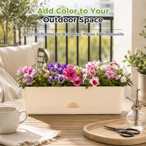 6 Pack Rectangle Planter 16x4.4 Inch Window Boxes Planters Rectangular Large Window Sill Planters Indoor Self Watering Plant Pots with Drainage Holes and Saucers Succulent Herb Flower Pots, Beige - color: Beige