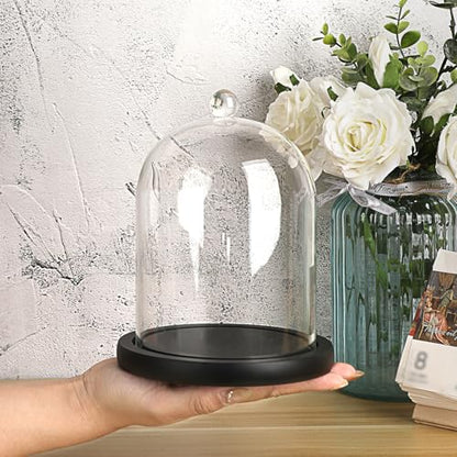 JUXYES 4.5x6 Clear Glass Display Dome Cloche with Handle & Black Wood Base - color: Black