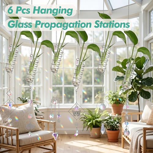 6Pcs Wall Hanging Glass Propagation Station with Crystal Planter Suncatcher - color: Silver-2