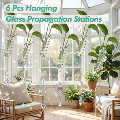 6Pcs Wall Hanging Glass Propagation Station with Crystal Planter Suncatcher - color: Silver-2