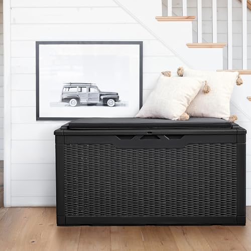 Flamaker Deck Box 98 Gallon Waterproof Resin Storage Box with Cushion - color: Black, size: 98 Gallon