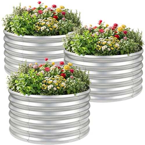AHEONLAR 3PCS 2x2x2FT Galvanized Raised Garden Bed Kit Round Metal Flower Box Large Planter Raised Beds Outdoor Garden for Planting,Fruit,Herb Silver - color: Silver