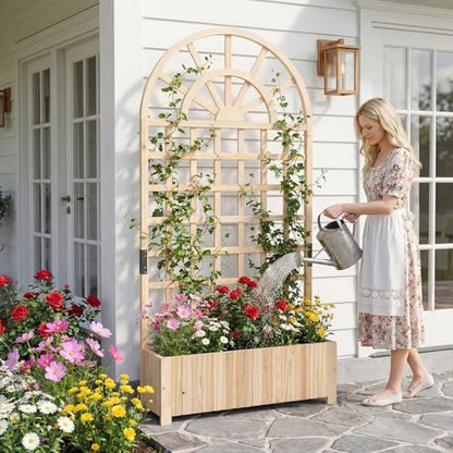 Happygrill Wooden Raised Garden Bed with Trellis & Privacy Screen - color: Natural, size: 36''x12''x71''