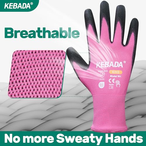 Kebada W1 Safety Work Gloves Women, Touchscreen, PU Coated, 12 Pairs, Pink - color: 12 Pairs-pink, size: Small