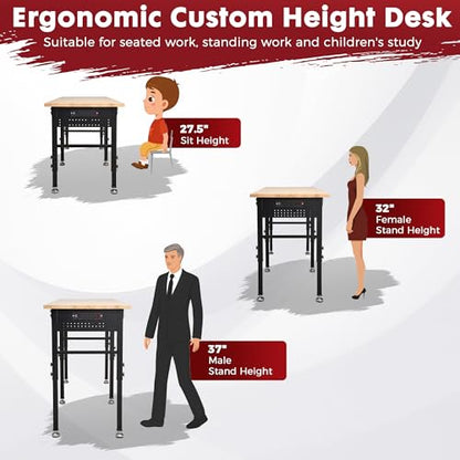 96" Adjustable Workbench with Rubberwood Top & Power Outlet, Large 96x24Inch 9-Level Height Range 27"-37", 5000 LBS Heavy Duty Capacity for Workshop, Office, Garage, Home - size: 96*24 Inch