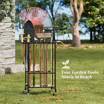 Rolling Garden Tool Organizer, Heavy Duty Steel Yard Tool Rack broom holder - style: Rack with Wheels