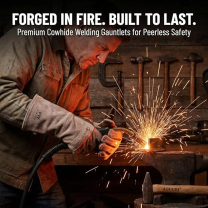 Welding Gloves -Long Sleeve Fireproof and Heat Resistant 15IN L - color: Brown 1 Pair, size: Large