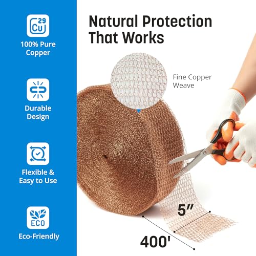Coldbreak Copper Mesh Rodent Control – 5" x 400' Rustproof Copper Wool Roll for Wall Hole Filler, Rodent Control, Bat & Snail Blocker – Perfect for Hole Sealing, Gardening & Water Pipe Openings - size: 400'