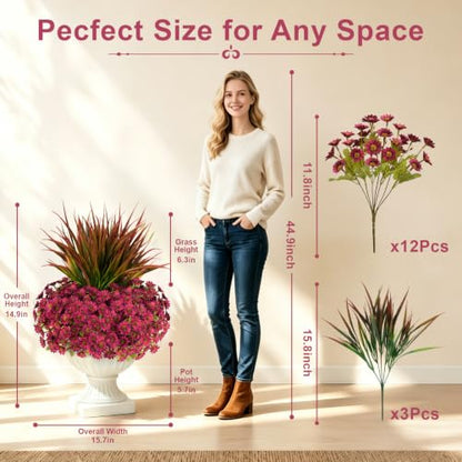 15 Pcs Artificial Fall Flowers for Outdoor Fake Mums Porch Decor, Red
