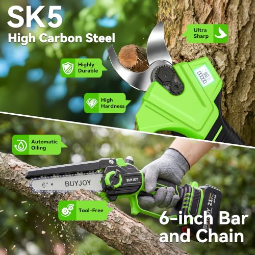 BUYJOY 4-in-1 Electric Pruning Shears & 6 Inch Pole Saw Combo - color: Green