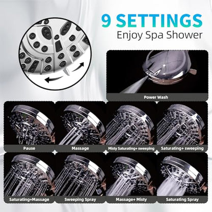 BESAQUO 9 Functions High Pressure Shower Head with Handheld,Built-in Pause Mode&Power Wash,Non-Clogging Nozzles,6ft Hose&Bracket