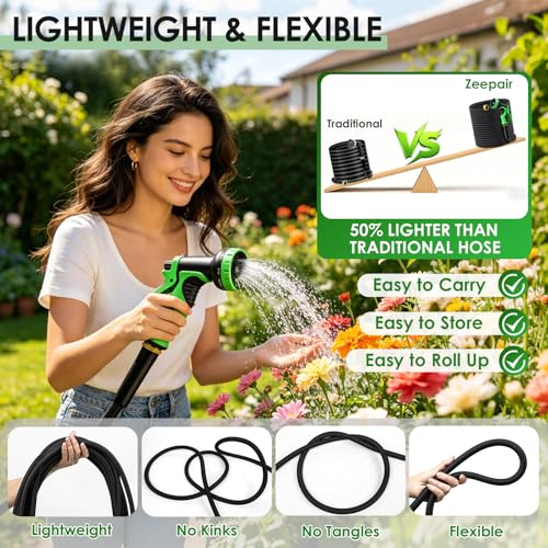 75FT Garden Hose Non-Expanding Flexible Water Hose With Sprayer Nozzle Lightweight Portable High Pressure Kink Resistant & Leakproof Durable Black Pipe For Garden Yard Lawn - size: 75FT