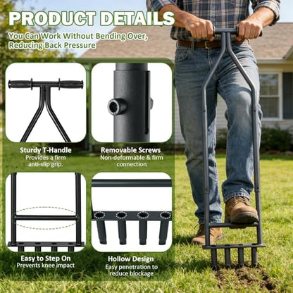 Manual Lawn Aerator Tool, Heavy Duty Detachable Iron Grass Aerator with Root Weeder, Reducing Soil Compaction, Yard Aeration Tool for Garden & Lawn Care