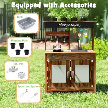 Costzon Mud Kitchen, Fir Wood Outdoor Play Kitchen w/ 4 Planting Pots - style: Planter Brown