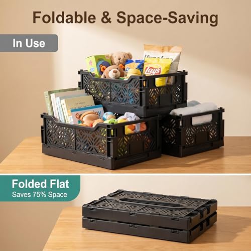6-Pack Collapsible Plastic Storage Baskets, Stackable Bins with Label Slots