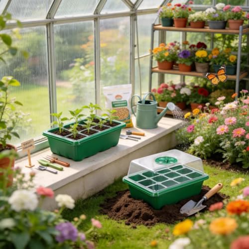 10 Pack Seed Starter Tray Seed Starter Kit (120 Cells Total Tray) with Humidity Adjustable Dome, for Seeds Growing Starting Plant Germination Trays, Mini Green House Germination Trays.
