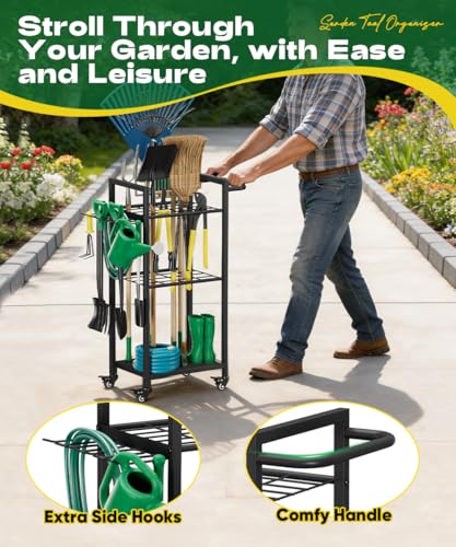 Garden Tool Organizer with Wheels, Yard Tower Rack, Black - color: black