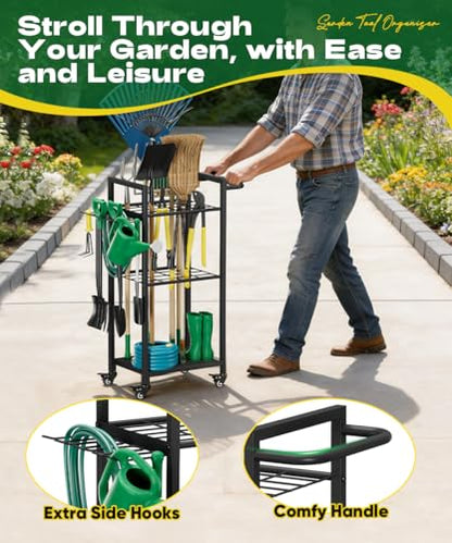 Garden Tool Organizer with Wheels, Yard Tower Rack, Black - color: black