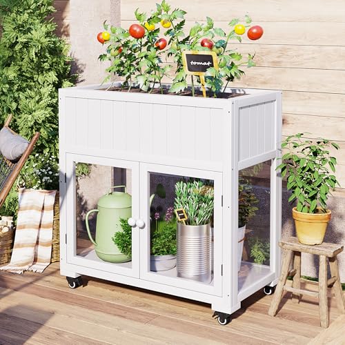 Merax Raised Garden Bed with Leg, Potting Bench with Wheels Outdoor Garden Work Bench Station Planting Solid Wood Construction for Horticulture w/Storage Cabinet, White