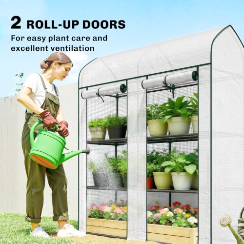 Outsunny 3 Tier Mini Greenhouse 2 Roll-up Doors 56.3" x 18.1" x 65" White - color: White