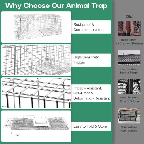 Humane Live Animal Trap Cage 32" × 13" × 11",Heavy-Duty Live Catch Cage for Raccoon, Squirrel, Stray Cats, Groundhogs, Armadillos, Opossums, Rabbits, Skunk, Mole, Small Wildlife Control - size: 32"×13"×11"