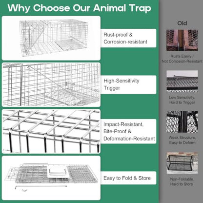 Humane Live Animal Trap Cage 32" × 13" × 11",Heavy-Duty Live Catch Cage for Raccoon, Squirrel, Stray Cats, Groundhogs, Armadillos, Opossums, Rabbits, Skunk, Mole, Small Wildlife Control - size: 32"×13"×11"