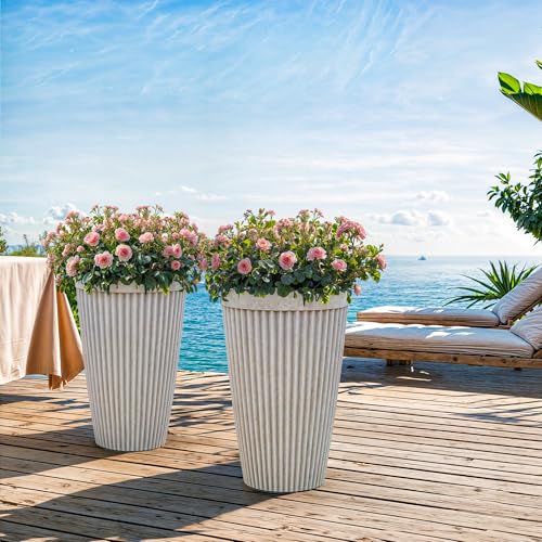 Autodaya 20" Resin Outdoor Tall Planters Set of 2, Ivory Fluted - color: Concrete Fluted-20"h