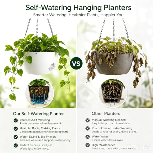 12 Inch Self Watering Hanging Planters 2 Pack, White - color: White