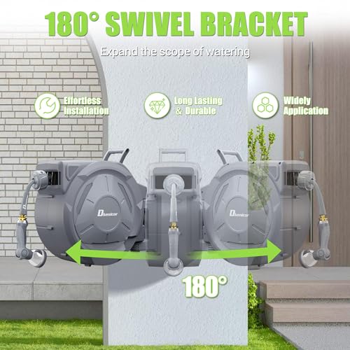 Retractable Garden Hose, 5/8" × 110 ft Wall Mounted Garden Hose Reel with 10-Pattern Hose Nozzle, Heavy Duty Water Hose Any Length Lock,Slow Return System,180°Swivel Bracket