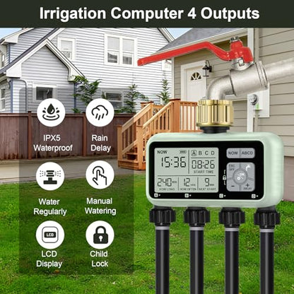 Watering Timer 4 Zone with with Brass Inlet, Sprinkler Timer 4 Outlet