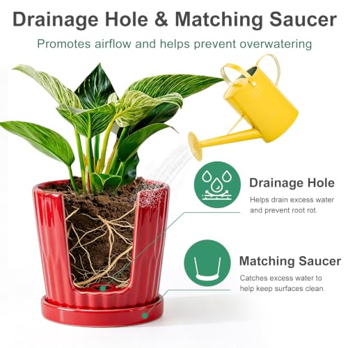 6 Inch Flower Pots for Plants, Ceramic Planter with Drainage and Saucer - color: Red