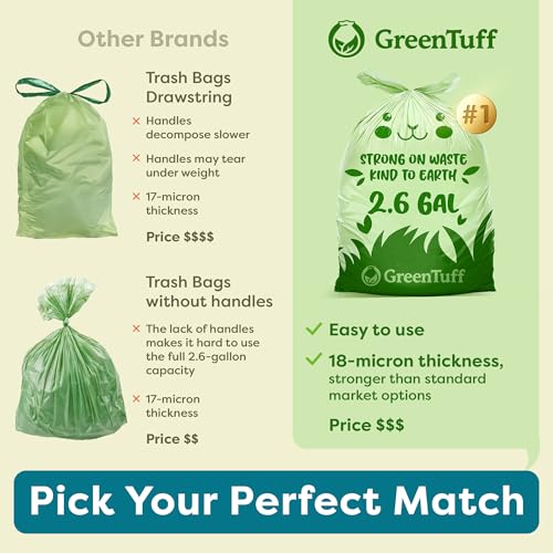 2.6 Gallon Compostable Trash Bags (100 Count) — Thick 0.7 Mil Small Compost Bin Liners — Leak-Resistant Plant-Based Food Scrap Bags for Countertop Kitchen Compost Pails — ASTM D6400 BPI Certified - style: 2.6 Gallon | Handle-Tie | 100-pack