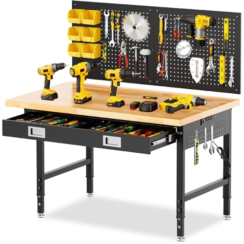 48" Workbench with Drawers, Adjustable Height Work Bench 2000 LBS Heavy-Duty Work Table Rubber Wood Work Station with Power Outlet & Pegboard for Garage, Office, Workshop, Home, Party Shop - size: 48"| Drawer | Pegboard | Power Outlets