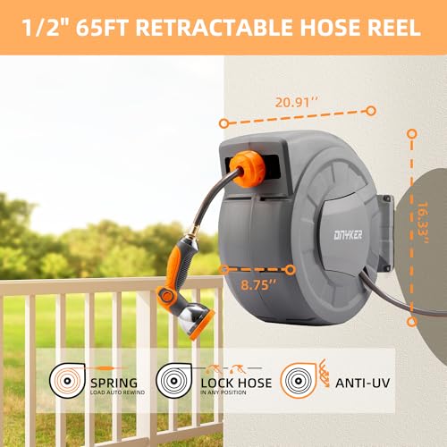 Retractable Garden Hose Reel, 1/2 inch x 65 ft Water Hose Reel Wall Mounted, Any Length Lock, Slow Auto-Rewind, 180°Swivel Bracket & 10 Pattern Nozzle - size: 1/2'' 65FT