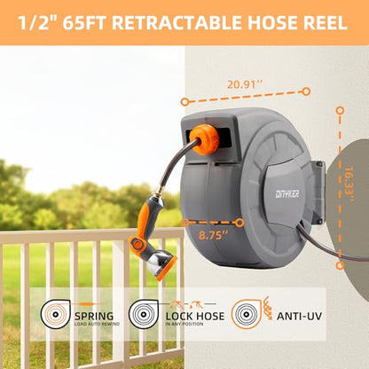 Retractable Garden Hose Reel, 1/2 inch x 65 ft Water Hose Reel Wall Mounted, Any Length Lock, Slow Auto-Rewind, 180°Swivel Bracket & 10 Pattern Nozzle - size: 1/2'' 65FT