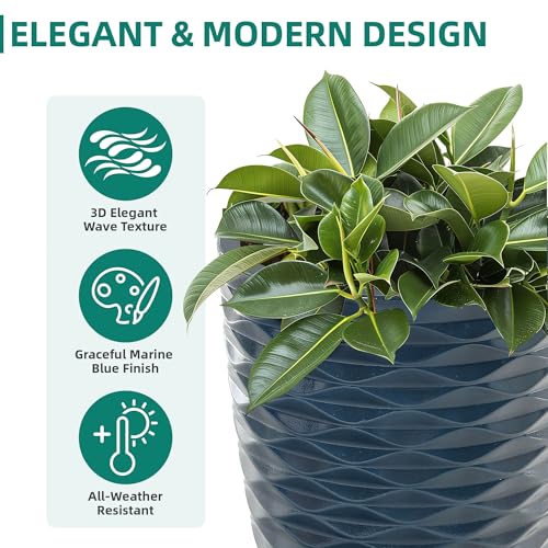 19" Resin Tall Outdoor Planters for Plants Set of 2, Costal Wavy Pot - color: 19"h-navy Blue Wavy