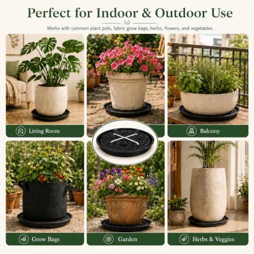 Self Watering Plant Saucers 4 Pack, 13.6 Inch Plastic Plant Saucers with Raised Grid Platforms and 8 Wicking Ropes, for Plant Pots, Fabric Grow Bags, Indoor and Patio Planters, Black