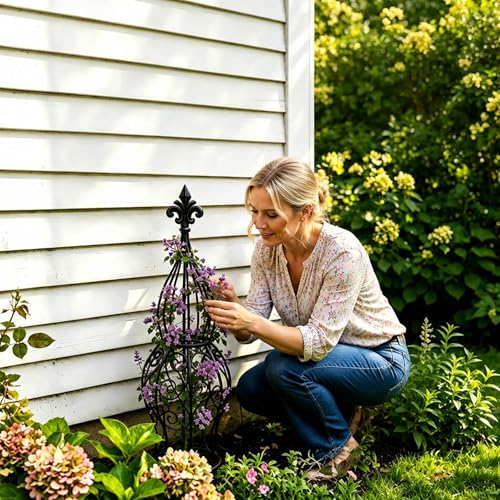 2-Pack Iron Garden Obelisk Trellis, 30" Rose Climbing Plant Support - color: Classic Fleur-de-Lis Obelisk Trellis